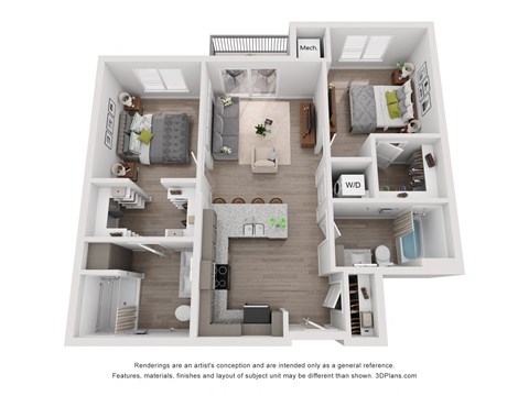 Floor plan for 2 beds, 2 baths, 992 sqft